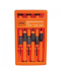 Clarke - Precission Screw Driver Set 6pcs Orange/Black Soft Cushion Grip with Plastic Carry Case