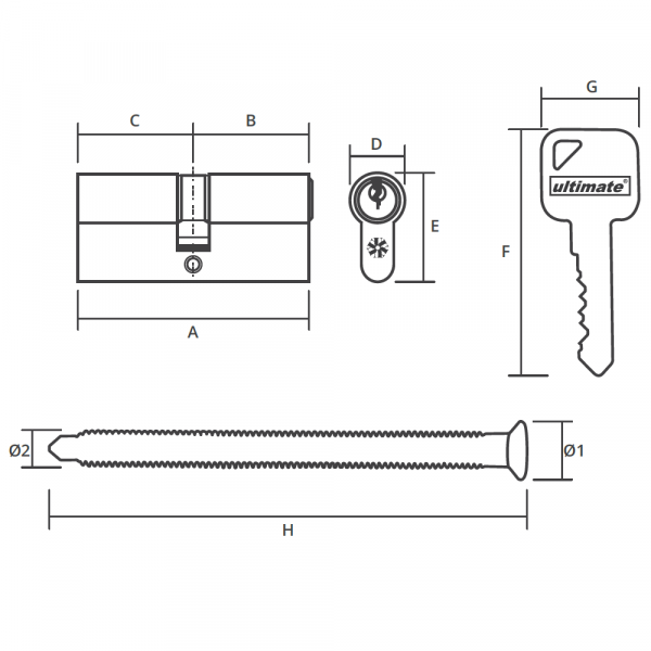 Ultimate - 6 Pin Brass Cylinder (Key+Key) 70mm with 3 Keys 2.2mm Thick - Non Mastered Keyed