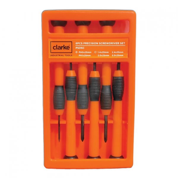 Clarke - Precission Screw Driver Set 6pcs Orange/Black Soft Cushion Grip with Plastic Carry Case
