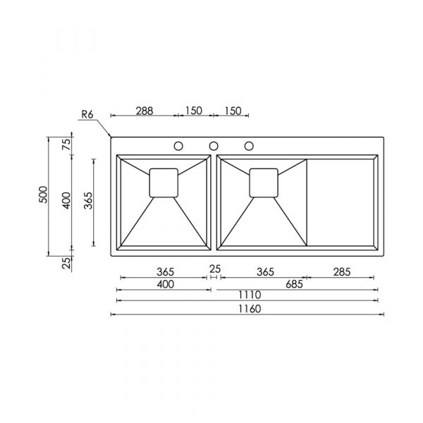 CM Glamour Mix Double Bowl Sink Satin F3 Finish 116 x 50 x 23 cm