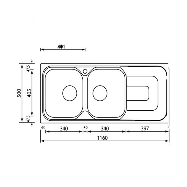 CM PIZZICA Double Bowl Sink Satin F3 Finish 116 x 50 x 17 cm