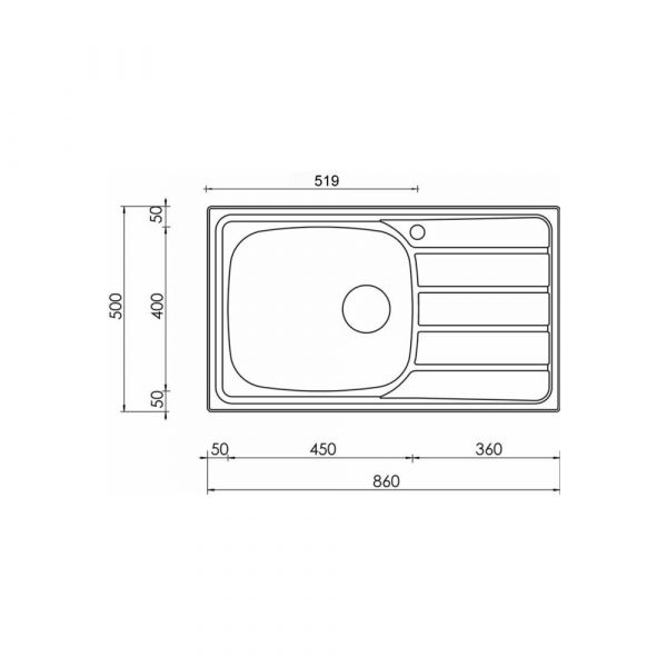 CM UNIVERSAL Topmount Single Bowl Sink Unbrushed Finish 86 x 50 cm