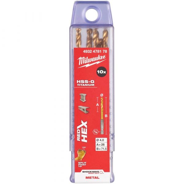 Milwaukee Metal Drill Bit SHW HSS-Tin Red Hex 4mm 10 Pcs