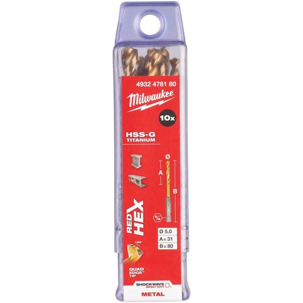 Milwaukee Metal Drill Bit SHW HSS-Tin Red Hex