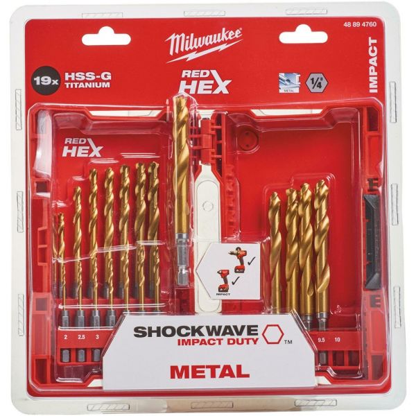 Milwaukee Red Hex Shock Wave Impact Duty HSS-Ground Titanium Metal Drill Bit Set 19pcs