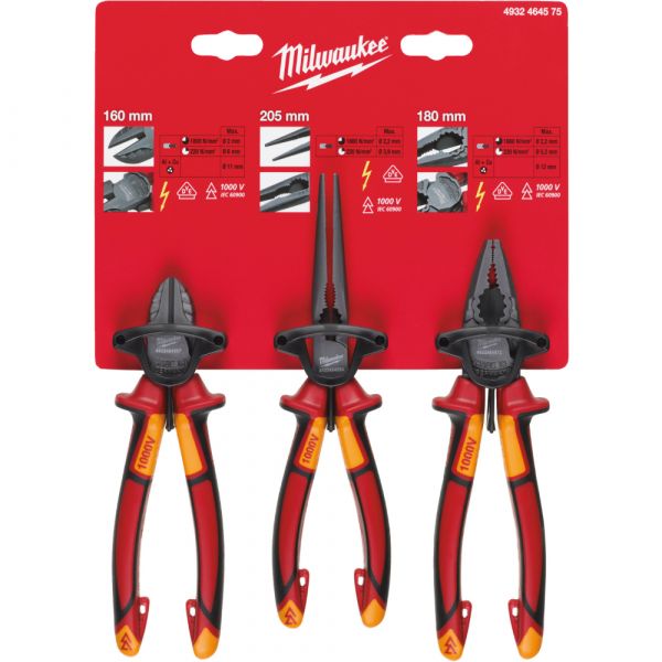 Milwaukee VDE Pliers Set Diagonal-Point Jaw Combination 3 Pcs