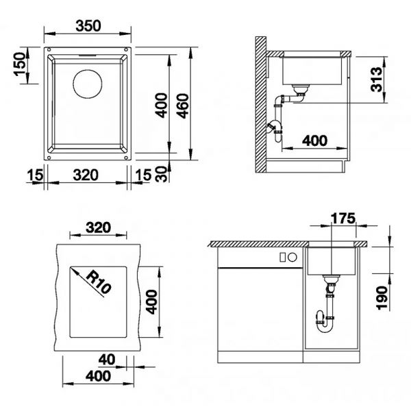 Blanco 320-U SG Subline 1 Bowl Undermount Sink 313x350mm